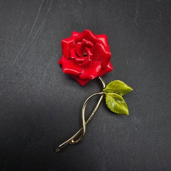 Red Rose Brooch Gold Tone Enamel Leaves Vintage Costume Jewelry - Picture 4 of 5